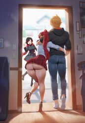 1boy ai_generated ass big_ass big_breasts black_hair blonde_hair breasts fat_ass female hoodie huge_ass jaune_arc jeans light-skinned_female light-skinned_male male meiogun multiple_females multiple_girls pyrrha_nikos red_hair ruby_rose rwby short_skirt skirt