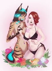 2017 5_fingers anthro ariannafray_pr bra breasts claws clothed clothing duo feline female front_view fur hair human mammal nude panties standing tongue tongue_out underwear