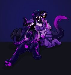 absurd_res anthro canid canine canis captaincronus clothing corruption drone dronesuit dronification duo evil_grin felid feline female female/female gg_(ggthekitty) goo_transformation hand_on_bulge hand_on_head hi_res horn horn_jewelry hybrid hypnotic_gas jewelry latex latex_clothing latex_skinsuit liquid_latex mammal mind_control night_stalker_(xangelicart) null_bulge pheromones piercing purple_body skinsuit slime smile tail tight_clothing transformation visor wolf
