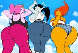 3girls adventure_time ai_generated ass backboob big_ass big_breasts black_hair booty breasts cleavage clothing female flame_princess gigantic_ass gigantic_breasts hips huge_ass huge_breasts lubbasdump marceline marceline_abadeer massive_breasts pink_hair princess_bubblegum red_hair thick_thighs wide_hips
