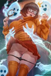 black-framed_eyewear black_panties breasts brown_eyes brown_hair clothes_lift exlic female female_pubic_hair ghost groping highres large_breasts long_sleeves magnifying_glass miniskirt nail_polish orange_sweater orange_thighhighs panties panty_pull pleated_skirt pubic_hair pussy red_nails red_skirt scooby-doo short_hair skirt skirt_lift sweater thighhighs turtleneck turtleneck_sweater uncensored underwear velma_dinkley