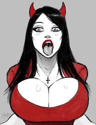 big_breasts bimbo breasts cross devil devil_girl_(devil_hs) devil_hs deviline drawing hannah_minx lipstick looking_at_viewer necklace open_mouth original red_lipstick succubus tongue