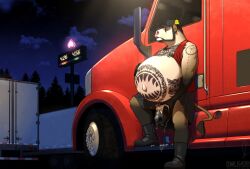 2022 anthro beard belly big_belly bodily_fluids boots bottomwear bovid bovine clothing cloud cuntboy duo equid equine eyewear facial_hair footwear genital_fluids glasses hat headgear headwear heavy_truck horn horse hyper hyper_belly intersex looking_pleasured male mammal navel night nonbinary_(lore) outie_navel owligatorstudios plant pussy segremores semi-trailer_truck shoes skirt tattoo tree truck truck_stop unbirthing vaginal_penetration vehicle vore vore_belly