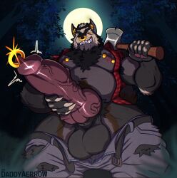 aereous animal_genitalia animal_penis anthro axe balls bara beard belly biceps big_balls big_knot big_penis body_hair bottomwear bottomwear_down canid canine canine_genitalia canine_penis canis chest_hair clothed clothing daddy digital_media_(artwork) dilf erection facial_hair facial_piercing forest fur genital_piercing genitals hair hairy halloween hi_res holidays huge_cock knot knotted_penis looking_at_viewer low-angle_view male mammal mature_male multicolored_body multicolored_fur multiple_piercings musclegut muscular muscular_anthro muscular_male night nipple_piercing nipples nose_ring outside pants pants_down partially_clothed pecs penis penis_piercing piercing plant prince_albert_piercing pubes saggy_balls solo standing teeth thick_thighs tree vein veiny_penis wolf yaoi