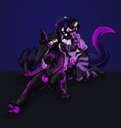 absurd_res anthro canid canine canis captaincronus clothing corruption drone dronesuit dronification duo evil_grin felid feline female female/female gg_(ggthekitty) goo_transformation hand_on_bulge hand_on_head hi_res horn horn_jewelry hybrid hypnotic_gas jewelry latex latex_clothing latex_skinsuit liquid_latex mammal mind_control night_stalker_(xangelicart) null_bulge pheromones piercing purple_body skinsuit slime smile tail tight_clothing transformation visor wolf