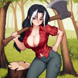 ai_generated axe black_hair black_pants breasts bursting_breasts cleavage female hand_on_hip holding_axe large_breasts lumberjack navel navel_peek plaid_shirt round_breasts solo white_highlights zorkpics