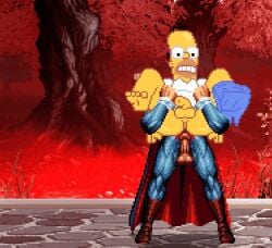 bald bald_male boots cape cartoon cartoony crossover darkstalkers demitri_maximoff eastern_and_western_character forest forest_background forest_sex full_nelson_(legs_held) full_nelson_anal gif homer_simpson jalen_et m.u.g.e.n male male_only male_penetrated male_penetrating nelson_pose nelson_position older_male the_simpsons vampire yellow_skin