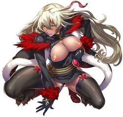 blonde_hair boots breasts female female huge_breasts lilith-soft long_hair looking_at_viewer nipples no_bra panties_aside pantyshot puffy_nipples pussy_juice saliva shinganji_ryuu shiny_skin smile taimanin_(series) taimanin_asagi_battle_arena very_long_hair zunta