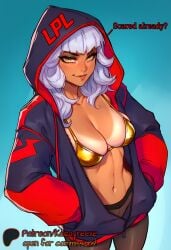 1girls ai_generated big_breasts bra breasts busty busty_female curvy_figure female golden_bra golden_clothing hands_in_pockets jacket league_of_legends looking_at_viewer lpl_china meme midriff midriff_showing open_clothes pantyhose qiyana_yunalai riot_games smug thighs watermark white_hair zipper zipper_down