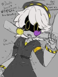 1boy 2futas color color_edit colored erect_penis erection erection_under_clothes futanari glitch_productions imminent_sex kookieprinzz murder_drones n_(murder_drones) precum precum_drip purple_glans uzi_(murder_drones) uzi_doorman v_(murder_drones) yellow_eyes yellow_glans