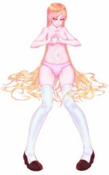 blonde_hair breasts collarbone female kira_(gcarashi) kizumonogatari long_hair monogatari_(series) navel oshino_shinobu panties solo thighhighs topless white_background yellow_eyes