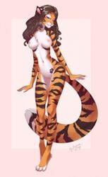 2017 alex_marx anthro ariannafray_pr breasts claws fangs feline female front_view fur green_eyes hair half-closed_eyes hi_res mammal nipples nude pussy solo standing tiger