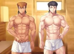 2boys abs bara biceps black_hair blue_eyes blurry brown_hair bulge female hands_on_hips large_pectorals male manly multiple_boys muscular muscular_female muscular_male naked_towel nipples pectorals toned topless_male towel yaoi