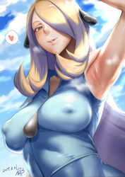 :d areola_bulge arm_up armpits bare_shoulders blonde_hair blue_sky blush breasts breasts_apart cloud cloudy_sky cynthia_(pokemon) erect_nipples female fully_clothed grey_eyes hair_over_one_eye heart heart-shaped_pupils highres iku_(ikuchan_kaoru) large_breasts long_hair looking_at_viewer nipple_bulge nipples no_bra pink_lips pokemon pokemon_(anime) pokemon_dppt seductive_smile shirt sky sleeveless sleeveless_shirt smell smile solo sweat thought_bubble upper_body very_long_hair