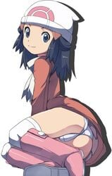 blue_hair boots dawn_(pokemon) human panties pokemon pokemon_dppt pokemon_platinum smile upskirt white_panties