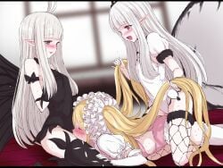3girls absurdres airy_(bravely_default) anne_(bravely_second) antenna_hair ass black_gloves black_leotard black_thighhighs black_wings blonde_hair blue_eyes blush bravely_default:_flying_fairy bravely_default_(series) bravely_second:_end_layer breasts brown_eyes butterfly_wings closed_eyes commission commissioner_upload covered_navel cunnilingus elbow_gloves fairy fairy_wings female fishnet_thighhighs fishnets forced_cunnilingus frottage gloves grabbing_own_breast gulp5959 hana_koi_(gulp5959) highres holding_another's_hair humping insect_wings kneeling leotard long_hair lying multiple_girls on_stomach open_mouth oral original pink_leotard pointy_ears rape skeb_commission small_breasts smile straddling thighhighs thighs twintails very_long_hair white_gloves white_hair white_leotard white_thighhighs white_wings wings yuri