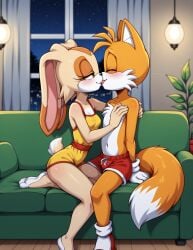 1boy1girl ai_generated clothed cream_the_rabbit embrace female fox_boy fox_ears fox_tail french_kiss furry furry_female furry_male furry_only her_brother_drives_a_subaru hug indoors kissing living_room making_out male miles_tails_prower mobian_(species) night on_couch on_sofa pajamas petite rabbit_ears rabbit_girl rabbit_tail self_upload shorts sitting sonic_(series) sonic_the_hedgehog_(series) stable_diffusion straight tails tails_the_fox thighs