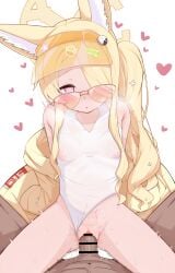 1boy above-cleavage_cutout absurdres animal_ear_fluff animal_ears bar_censor blue_archive blush breasts censored clothed_sex clothing_aside clothing_cutout commentary_request covered_nipples cowboy_shot cross_halo diamond_cutout female fox_ears fox_girl hair_over_one_eye halo heart heart-shaped_pupils highleg highleg_one-piece_swimsuit highres jacket looking_at_viewer male nipples official_alternate_hairstyle one-piece_swimsuit one_eye_covered orange-tinted_eyewear parted_lips penis pov pov_crotch pussy see-through_clothes see-through_one-piece_swimsuit seia_(blue_archive) seia_(swimsuit)_(blue_archive) sex side_ponytail simple_background small_breasts solo_focus straight sugarplus sunglasses swimsuit swimsuit_aside symbol-shaped_pupils tinted_eyewear vaginal_penetration visor_cap wet wet_clothes white_background white_one-piece_swimsuit yellow_halo yellow_jacket yellow_visor