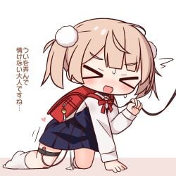 >_< :d all_fours backpack bag blue_dress blush brown_hair closed_eyes commentary_request dress female full_body hair_ornament hana_kazari highres indie_virtual_youtuber leash long_sleeves open_mouth pinafore_dress pom_pom_(clothes) pom_pom_hair_ornament randoseru school_uniform shigure_ui_(vtuber) shigure_ui_(vtuber)_(young) shirt short_hair sleeveless sleeveless_dress smile socks solo sweat translation_request twintails vibrator_in_thigh_strap virtual_youtuber white_shirt white_socks xd