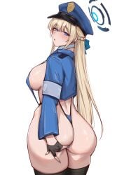 1girls absurdres ass black_thighhighs blonde_hair blue_archive blue_eyes blue_halo blue_hat blush breasts cleaning_&_clearing_(blue_archive) cropped_jacket e.c.ho female female_only halo hand_on_own_ass hat highres large_breasts light-skinned_female light_skin long_hair looking_back millennium_science_school_student sideboob simple_background solo swimsuit thighhighs toki_(blue_archive) white_background