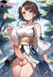 1futa ai_generated artist_name artist_signature balls bare_shoulders blue_eyes breasts brown_hair collarbone cowboy_shot erection final_fantasy final_fantasy_x futa_sans_pussy futanari green_eyes grin hair_ornament hand_up heterochromia hi_res high_resolution highres intersex looking_at_viewer medium_breasts outdoors patreon penis short_hair smile solo synthed teeth testicles uncensored veins veiny_penis yuna