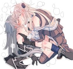 2girls bar_censor blonde_hair breath censored clothed_sex duel_monster emptyayya female futa_with_female futanari green_eyes grey_hair highres intersex kissing motion_lines multiple_girls pussy sex simple_background sky_striker_ace_-_raye sky_striker_ace_-_roze tears vaginal_penetration white_background yu-gi-oh!