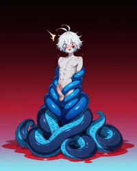1boy ai_generated belly_bulge gradient_background heterochromia male male_focus nude penis solo tentacle tentacle_on_male white_hair
