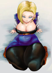 1girls alternate_breast_size android_18 belt blonde_hair blue_eyes boots bottom_heavy breasts cleavage clothed dragon_ball eye_contact female female_only half-closed_eyes huge_ass huge_thighs looking_at_viewer lyn_nyl pantyhose shirt short_hair skirt solo text thick_thighs thighs watermark wide_hips