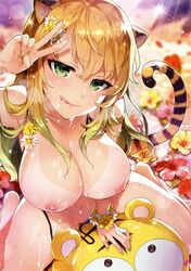 1girls animal_ears areolae big_breasts blonde_hair blush breasts cat_ears cat_tail catgirl cleavage cum cum_drip cum_in_mouth cum_on_body cum_on_breasts cumdrip female female_only flower flower_in_hair green_eyes huge_breasts large_breasts naked nekomimi nipples nude pose redrop shiny smile solo spread_legs spreading sweat sweatdrop swimsuit tail tan tan_lines tanline thick_thighs thighs tongue_out topless undressing wet