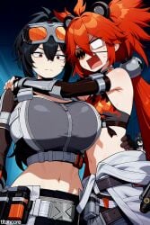 (titancore) ai_generated bear_ears black_hair breasts clean construction_site embarrassed eye_patch female girl goggles_on_head grace_howard hair_ornament holding_girl huge_breasts hugging koleda_belobog long_hair outside ponytail red_hair seriously single_girl small_breasts smiling smirking twintails video_game_character zenless_zone_zero