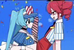 2girls ai_generated artist_request big_penis breasts clothed_sex clothing female futanari hatsune_miku intersex kasane_teto mesmerizer_(vocaloid) mesmerizer_miku mesmerizer_teto penis tiktok_meme vocaloid