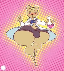 1boy abstract_background aliasing anthro artist_logo artist_name bear blonde_hair blush bottom_heavy bottomwear bulge bulge_to_side clothing coat crop_top curvy_figure detailed_bulge digital_media_(artwork) erection eyelashes femboy fur genital_outline hair halftone halftone_background hi_res holding_flask huge_hips huge_thighs hybrid hyper-thin_waist labcoat logo male mammal midriff navel pattern_background penis penis_outline puyo_puyo puyo_puyo_7 risukuma rodent sciurid sega shirt shorts signature simple_background small_waist solo tan_body tan_fur text thatdawgmurray thick_thighs topwear tree_squirrel wide_hips
