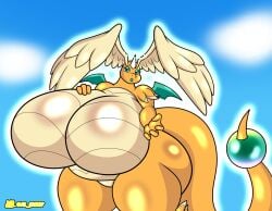 al_gx anthro big_breasts bimbofication bimbofied breasts dragon dragonite female generation_1_pokemon generation_9_pokemon hi_res horn huge_breasts hyper hyper_breasts lips looking_at_viewer mega_dragonite mega_evolution multicolored_body mythological_creature mythological_scalie mythology nintendo pokemon pokemon_(species) scales scalie sky solo tail thick_lips thick_thighs two_tone_body ventral_scales wide_hips wings