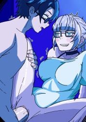 1boy 1girls adult adult_and_teenager age_difference apoelayoshi7 bangs big_breasts braid braided_hair breasts call_of_the_night collar completely_nude_female completely_nude_male fang fangs female glasses hand_on_hip male missionary_position nanakusa_nazuna older_female older_female_and_younger_male partially_clothed penis round_glasses teen teen_boy teenage_boy teenager vampire vampire_girl veiny veiny_penis white_hair white_shirt yamori_kou yofukashi_no_uta younger_male younger_penetrating_older