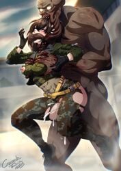 1boy abs ahe_gao black_boots black_hair bloodsucker boots borrowed_character breasts camouflage camouflage_pants captured commission crescentia_fortuna cum cum_in_pussy defeat ejaculation female freckles from_behind grabbing_another's_breast grabbing_from_behind groping highres interspecies military military_uniform monster muscular muscular_female pants rape sex sex_from_behind short_hair soldier stalker_(game) tomboy torn torn_clothes virtual_youtuber