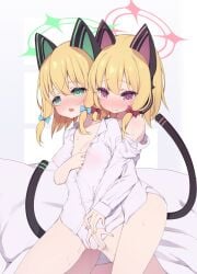 2girls animal_ear_headphones animal_ears arashiya blonde_hair blue_archive blush bow bow_panties breasts cat_ear_headphones cat_ears cat_tail covered_nipples fake_animal_ears fake_tail female fingering grabbing_another's_breast grabbing_from_behind green_eyes green_halo green_ribbons groping halo headphones highres holding_hands hug hug_from_behind incest kneeling legs_apart midori_(blue_archive) momoi_(blue_archive) multiple_girls no_pants off_shoulder open_clothes open_mouth open_shirt panties pink_halo pussy pussy_juice red_eyes red_ribbon ribbon shirt short_hair siblings sisters small_breasts smile sweat tail thighs twincest twins underwear white_panties white_shirt yuri