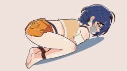 1girls ass_up ass_up_face_down barefoot belle_(summer_skies)_(zenless_zone_zero) belle_(zenless_zone_zero) blue_hair blush bondage covered_mouth dark_blue_hair female female_focus female_only light-skinned_female light_skin official_alternate_costume see-through see-through_clothing side_view simple_background tape tape_gag tied tied_legs zenless_zone_zero