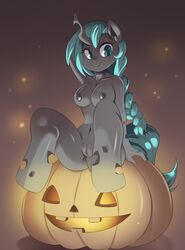 abstract_background anthro big_breasts black_fur blue_eyes blue_hair braided_hair breasts changeling clitoris fan_character female food freedomthai fruit fur hair halloween hi_res holidays hooves horn jack-o'-lantern long_hair looking_at_viewer my_little_pony navel nipples pumpkin pussy raised_arm simple_background single_braid sitting smile solo