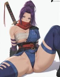 1girl 1girls ai_generated armpit_crease bandaged_chest bandages belt black_footwear blue_eyes boots breasts elbow_gloves hi_res high_ponytail high_quality high_resolution highres katana large_breasts light looking_at_viewer marvel marvel_comics marvel_rivals nose opal_nemy patreon_logo patreon_url patreon_username plain_background ponytail psylocke purple_hair red_scarf scarf self_upload shadow shiny shiny_clothes shiny_hair shiny_skin simple_background sitting solo spread_legs sword thick_thighs thighhighs thighs watermark white_background