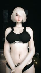 1girls 3d 4k bed bedroom belly blacked blacked_clothing blue_eyes bra breasts chromatic_aberration crashbanditkut eyeliner female female_focus hair hi_res high_resolution highres light-skinned_female light_skin lips looking_at_viewer medium_hair nail_polish nails navel navel_piercing nier nier:_automata nier_(series) panties piercing qos qos_tattoo queen_of_spades queen_of_spades_symbol queen_of_spades_tattoo short_hair small_breasts solo spade_tattoo video_game_character video_games virt-a-mate virtamate white_hair yorha_2b