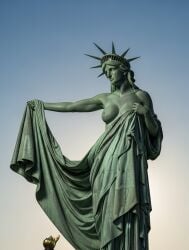 ai ai_art ai_assisted ai_generated armpit breasts copper crown female female_focus female_only flame green_skin lady_liberty nipples robe rule34 rule_34 statue statue_of_liberty stripping torch