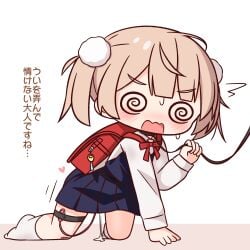 @_@ all_fours backpack bag blue_dress blush brown_hair commentary_request dress female full_body hair_ornament hana_kazari highres indie_virtual_youtuber leash long_sleeves open_mouth pinafore_dress pom_pom_(clothes) pom_pom_hair_ornament randoseru school_uniform shigure_ui_(vtuber) shigure_ui_(vtuber)_(young) shirt short_hair sleeveless sleeveless_dress socks solo sweat translation_request twintails vibrator_in_thigh_strap virtual_youtuber white_shirt white_socks