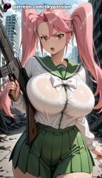 1girls 2025 ai_assisted ai_generated anime artist_name assault_rifle big_breasts big_breasts big_breasts big_chest blush breast breasts breasts breasts brown_eyes bullpup bust busty chest day explicit female finger_on_trigger green_skirt gun handgun hi_res high_quality high_resolution highres highschool_of_the_dead holding holding_gun holding_weapon large_breasts long_hair looking_at_viewer machine_gun open_mouth patreon patreon_username pink_hair pleated_skirt rifle school_uniform scope see-through serafuku skirt skypassion sniper_rifle solo stable_diffusion submachine_gun takagi_saya trigger_discipline twintails watermark weapon