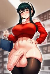 1futa abs ai_generated aipixelporn balls big_ass big_breasts big_penis blush breasts dark_hair foreskin futa_only futanari intersex penis red_shirt shopping smug spy_x_family testicles thick_thighs thighhighs uncircumcised yor_briar yor_forger