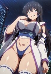 1girls ai_assisted ai_generated astaroth_the_ice_queen black_hair blue_eyes blue_thong breasts breasts_out breasts_out_of_clothes color colored combatants_will_be_dispatched! female fingerless_gloves from_below gloves huge_breasts japanese_clothing large_breasts light-skinned_female light_skin long_hair navel nipples no_bra open_mouth primer_ai pussy sandals skimpy_clothes solo solo_female teeth thong tongue uncensored vaginal_penetration white_legwear white_thighhighs zouri