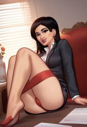1girls 2d 2d_(artwork) ai_generated asian asian_female black_hair cameltoe civitai clothed clothing desk digital_drawing_(artwork) digital_media_(artwork) female female_focus female_only light-skinned_female light_skin liu_wang_(summertime_saga) long_hair looking_at_viewer looking_back office_lady on_desk on_table panties peety0706 pose posing presenting pussy red_panties red_underwear see-through_stockings sitting sitting_on_desk smile smiling stockings summertime_saga table topwear underwear uniform upskirt