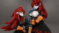 1080x1920 1boy 2girls 3d 3d_(artwork) :3 big_breasts blue_hair breasts breasts_bigger_than_head breasts_out dell_spencer female goodenough10 grabbing_from_behind handholding head_between_breasts holding_hands humanoid male mimi_sentry mimi_sentry_(zzwz) red_hair restrained robot robot_boy robot_girl skirt smug_face smug_grin source_filmmaker tagme trapped