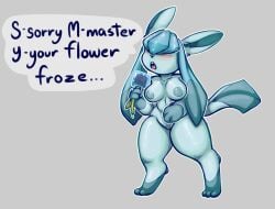 2021 anthro anthrofied blue_hair blue_nipples blush breasts buckteeth creamedpufff dialogue digitigrade dipstick_tail ear_tuft eeveelution english_text female flower generation_4_pokemon genitals glaceon gloves_(marking) hair hair_over_eyes hi_res holding_object leg_markings markings nintendo nipples nude nude_anthro nude_female outline plant pokemon pokemon_(species) simple_background socks_(marking) solo speech_bubble standing tail tail_markings talking_to_viewer teeth text thick_thighs tuft vulva white_outline