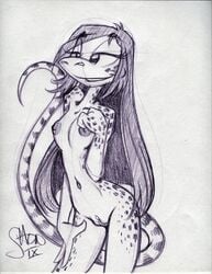 anthro areola breasts female hair king-cheetah lizard long_hair monochrome navel nipples nude pussy reptile scalie simple_background sketch small_breasts smile solo spots standing teela_smothers