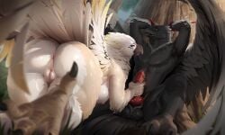 anthro anus ass avian balls beak big_butt bird black_body black_feathers conquart corvid corvus_(genus) detailed_background duo feathered_wings feathers female genitals handjob hi_res knot knotted_penis male male/female oscine passerine penile penis pussy raven rear_view restrained sex sitting tail tail_feathers thick_thighs vulva white_body white_feathers wide_hips wings